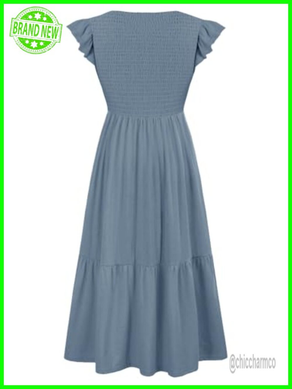 Nursing Dress Flutter Short Sleeve Crew Neck Smocked Elastic Waist Tiered Midi - Picture 5 of 6